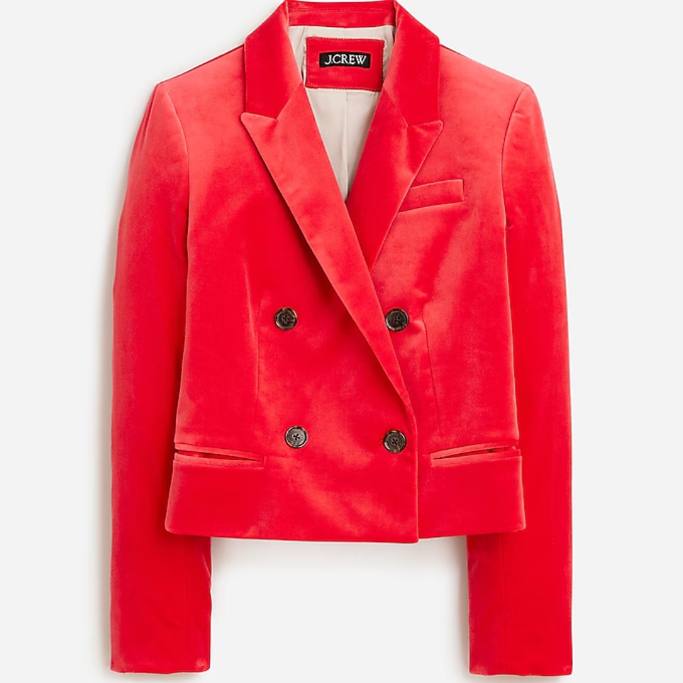 J Crew Cropped Double-Breasted Blazer In Stretch Velvet